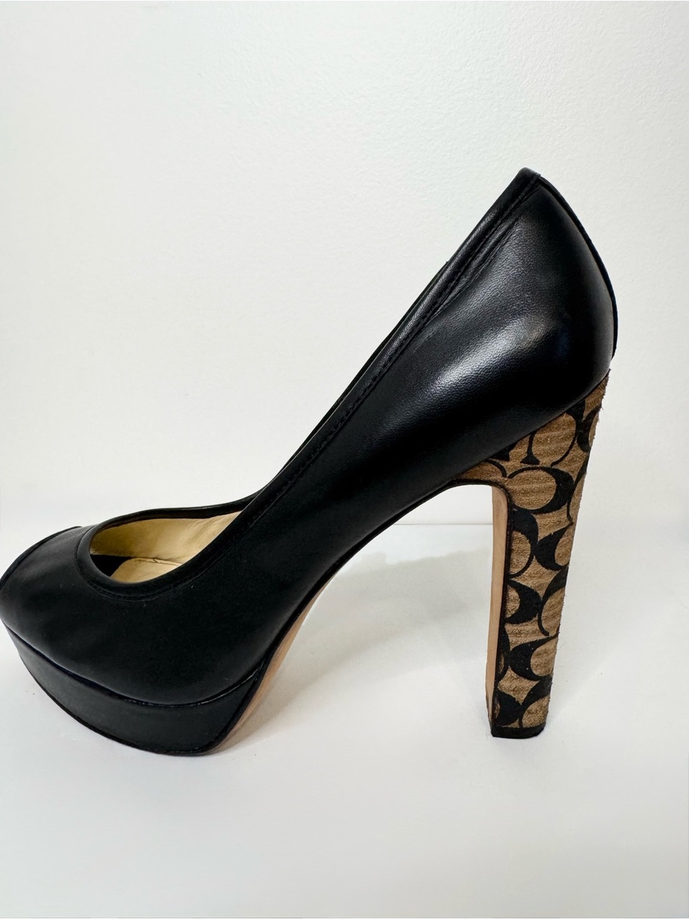 Coach Black Leather Pumps with Signature Monogram Heel - Picture 10 of 16